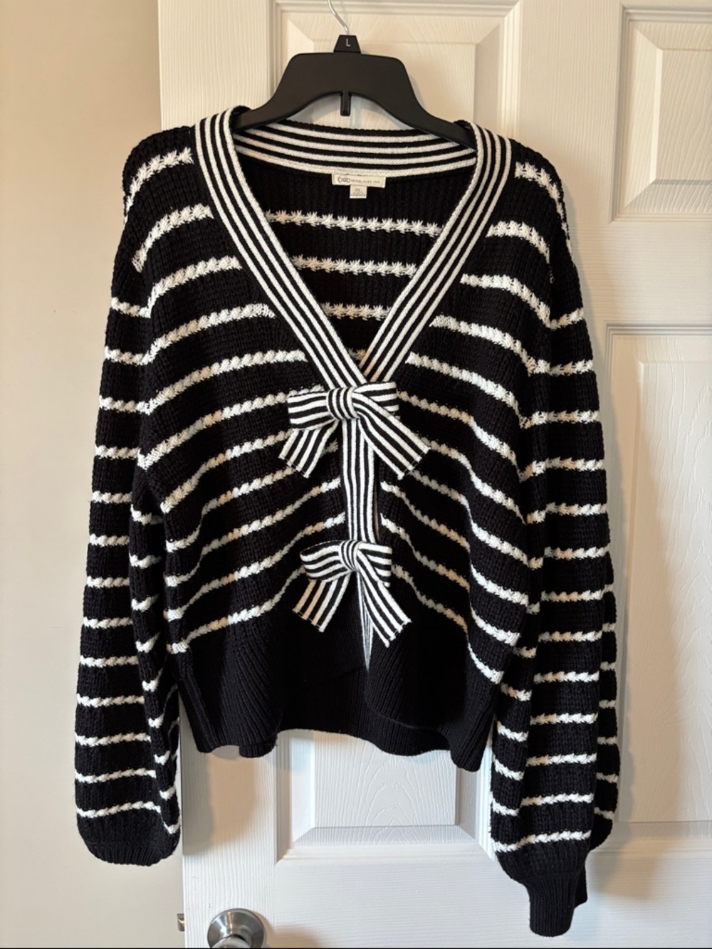 Cato Black & White Striped V-Neck Sweater with Bow Accents